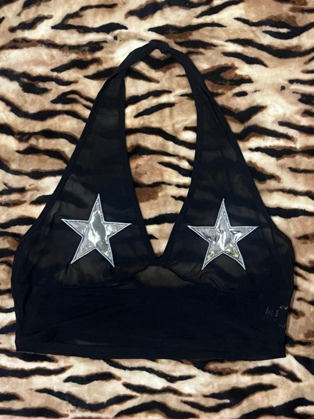 SHEIN Black Sheer Halter Top with Silver Star Patches